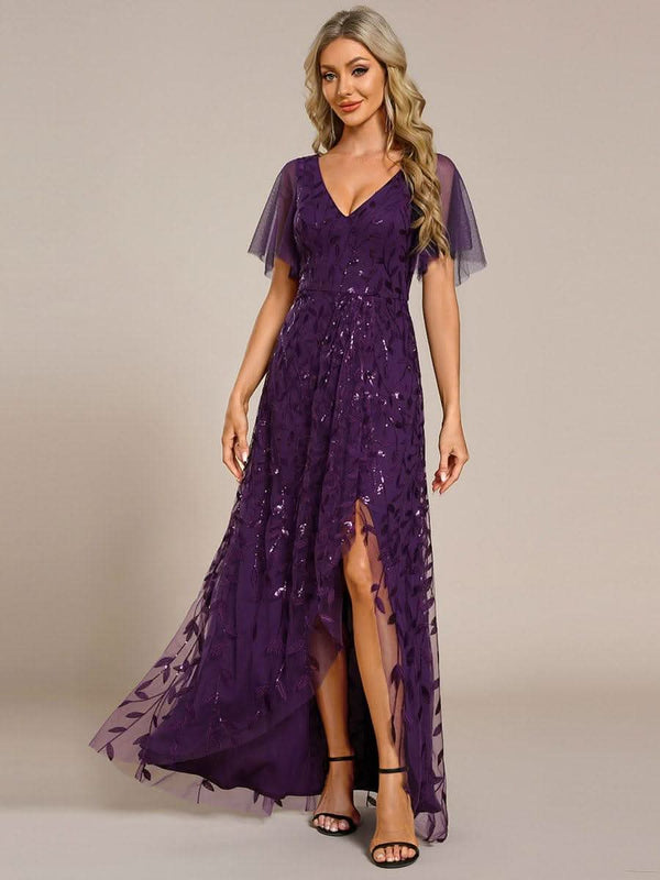 ever ALIX|Short Sleeves Sequin High Low V-Neck Midi Mother of the Bride Dress