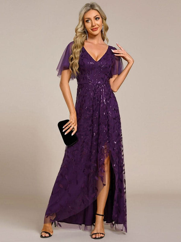 ever ALIX|Short Sleeves Sequin High Low V-Neck Midi Formal Wedding Guest Dress