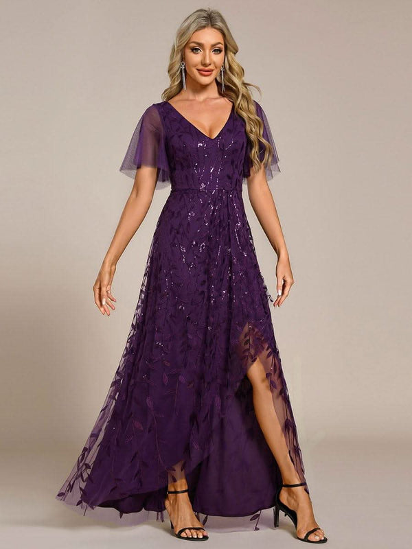 ever ALIX|Short Sleeves Sequin High Low V-Neck Midi Mother of the Bride Dress