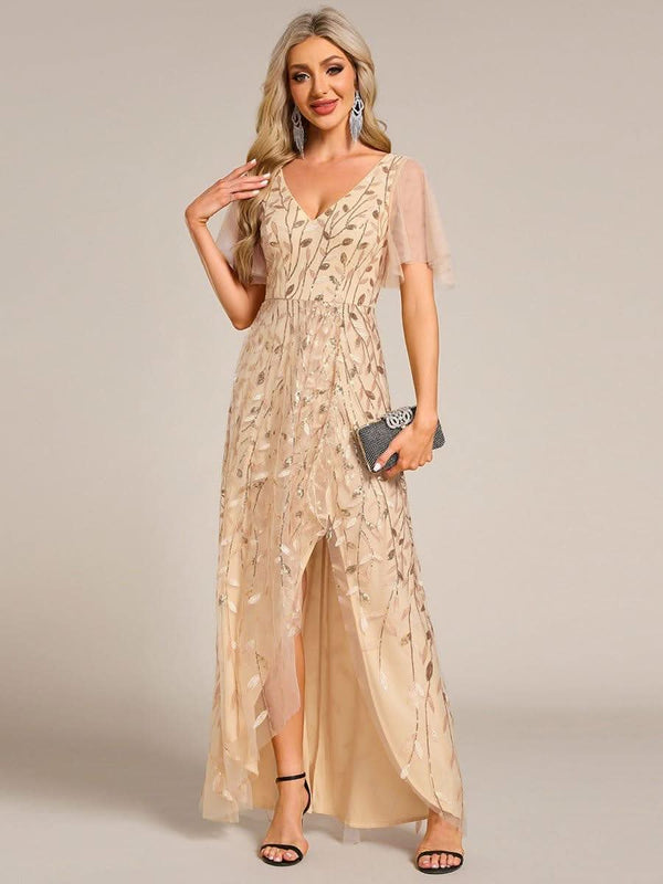 ever ALIX|Short Sleeves Sequin High Low V-Neck Midi Mother of the Bride Dress