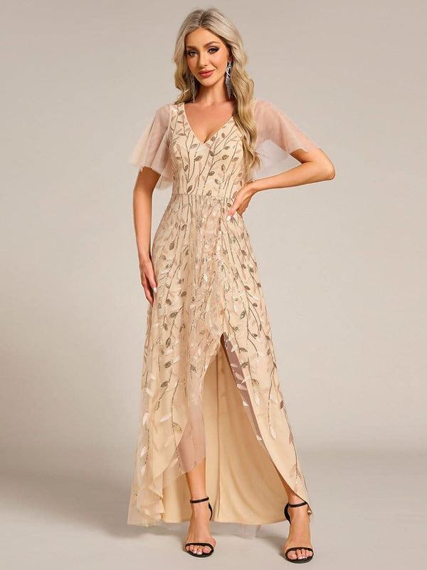ever ALIX|Short Sleeves Sequin High Low V-Neck Midi Mother of the Bride Dress