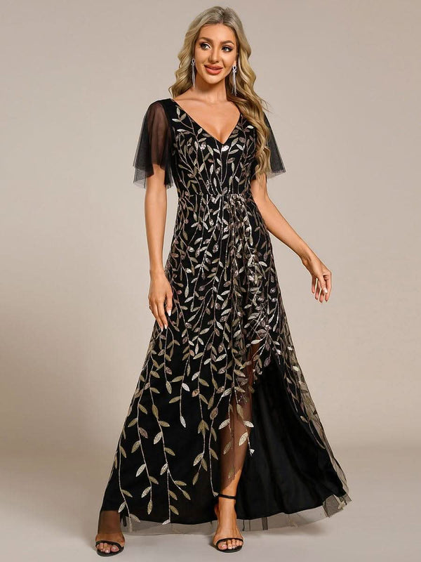 ever ALIX|Short Sleeves Sequin High Low V-Neck Midi Formal Wedding Guest Dress
