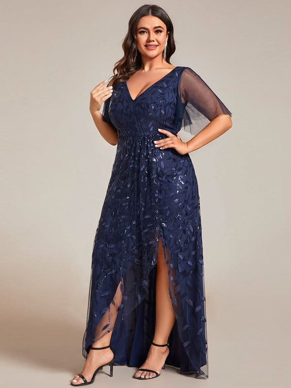 ever ALIX|Short Sleeves Sequin High Low V-Neck Midi Mother of the Bride Dress