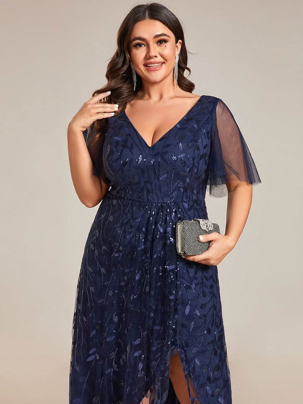 ever ALIX|Short Sleeves Sequin High Low V-Neck Midi Formal Wedding Guest Dress