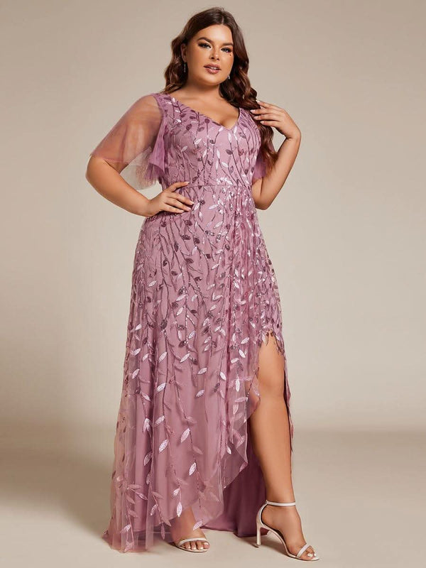 ever ALIX|Short Sleeves Sequin High Low V-Neck Midi Mother of the Bride Dress
