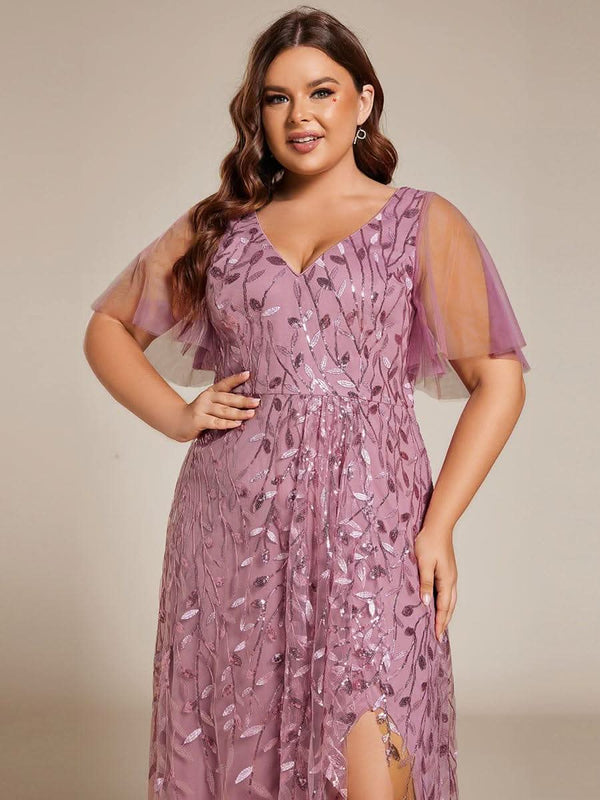 ever ALIX|Short Sleeves Sequin High Low V-Neck Midi Mother of the Bride Dress