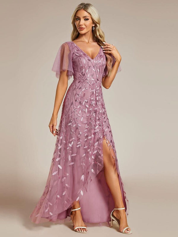 ever ALIX|Short Sleeves Sequin High Low V-Neck Midi Formal Wedding Guest Dress