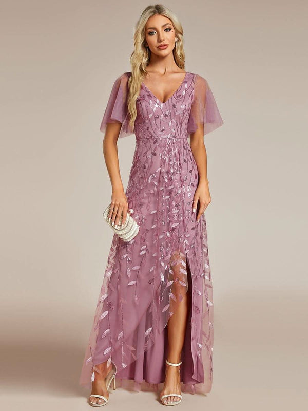 ever ALIX|Short Sleeves Sequin High Low V-Neck Midi Formal Wedding Guest Dress