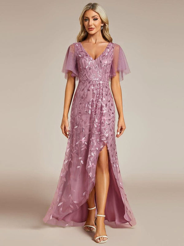 ever ALIX|Short Sleeves Sequin High Low V-Neck Midi Mother of the Bride Dress