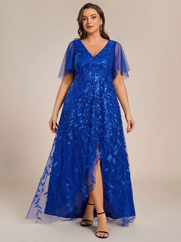 ever ALIX|Short Sleeves Sequin High Low V-Neck Midi Mother of the Bride Dress