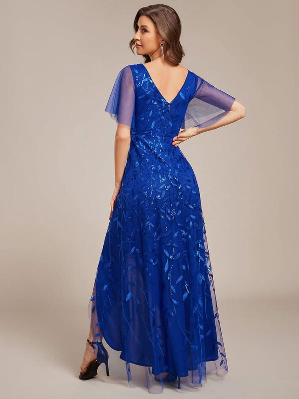 ever ALIX|Short Sleeves Sequin High Low V-Neck Midi Formal Wedding Guest Dress