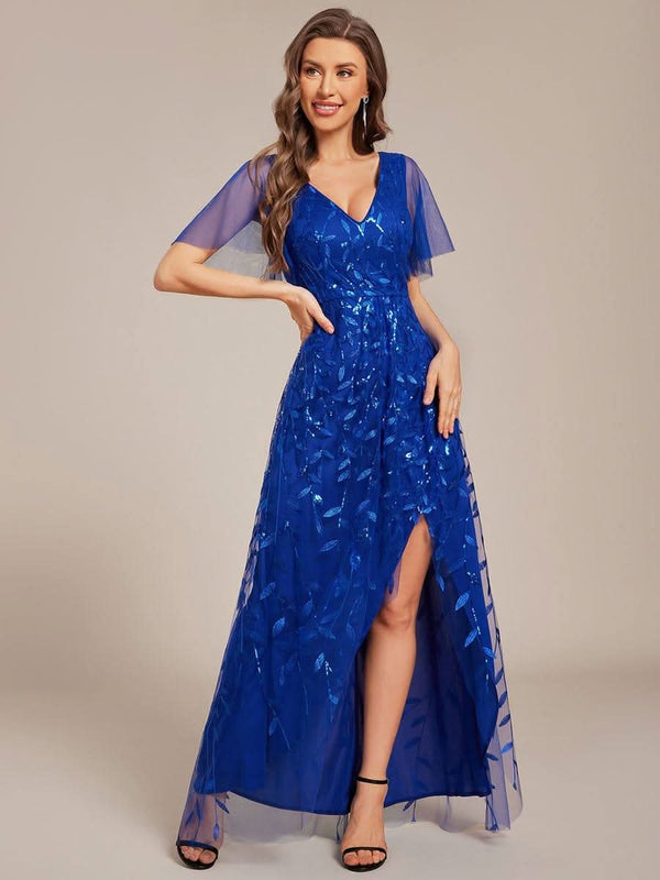 ever ALIX|Short Sleeves Sequin High Low V-Neck Midi Formal Wedding Guest Dress
