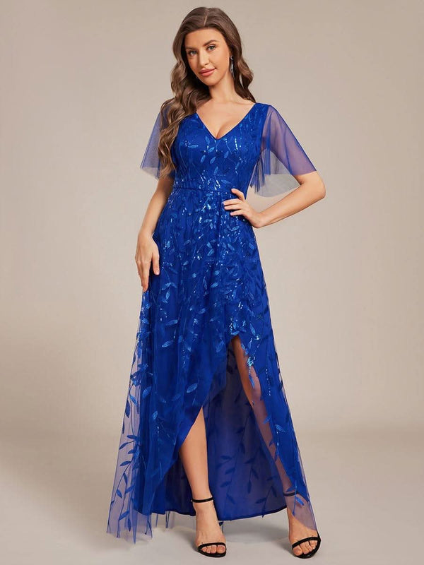 ever ALIX|Short Sleeves Sequin High Low V-Neck Midi Formal Wedding Guest Dress