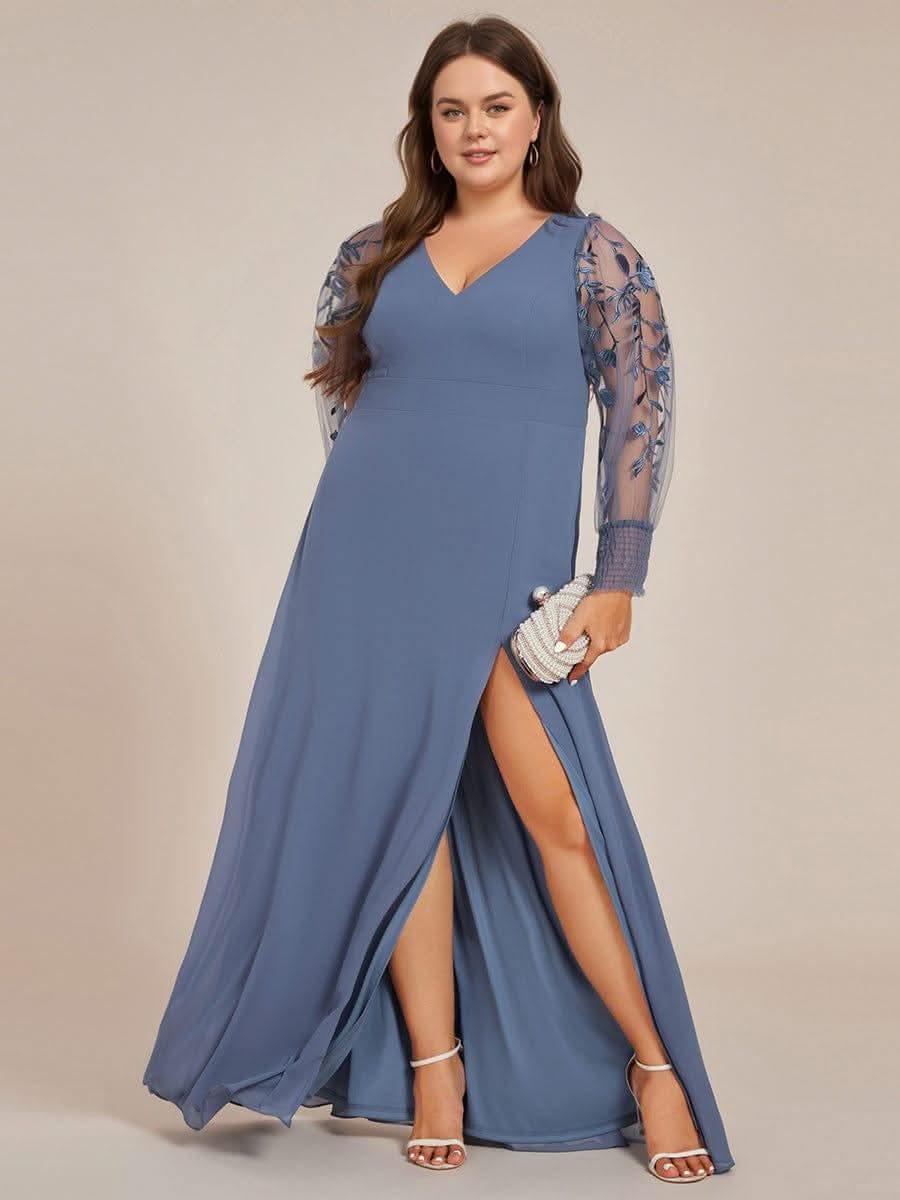 Plus Size High Slit Embroidered Long Sleeve Chiffon Formal Evening Dress #color_Dusty Blue