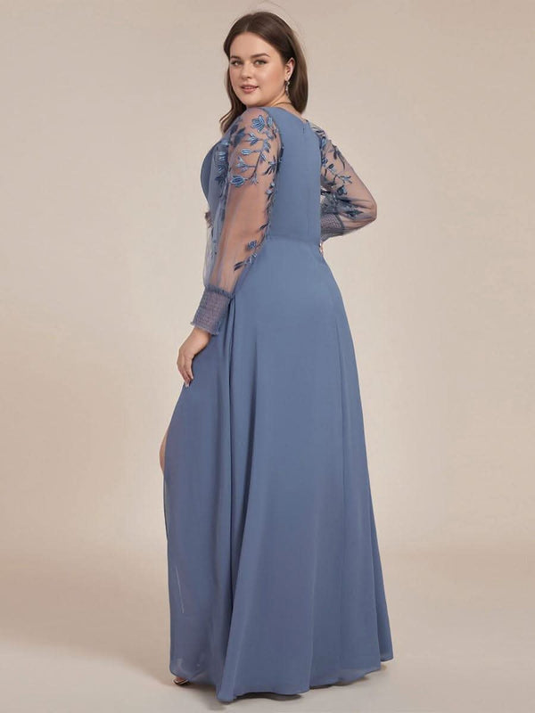pretty RYLEE|Plus Size High Slit Embroidered Long Sleeve Chiffon Formal Evening Dress