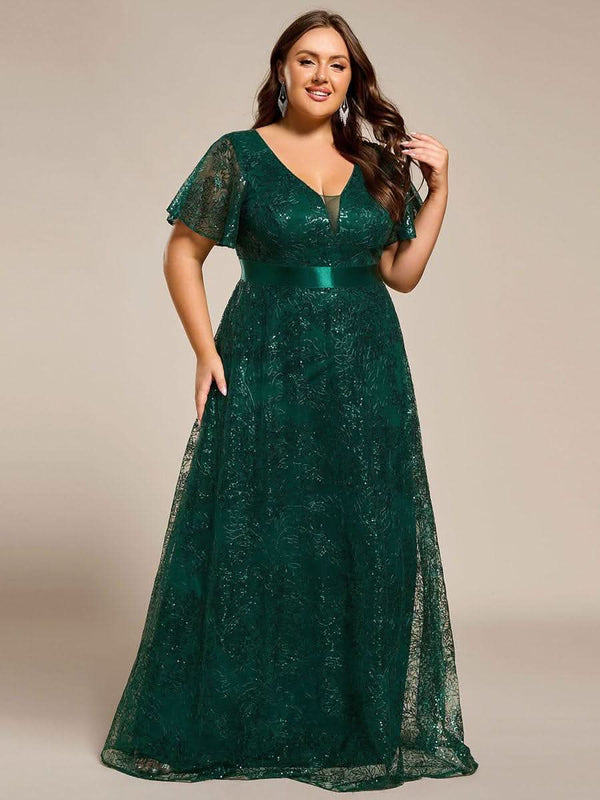 ever CORY|Illusion V-neck Short Sleeve Sequin Formal Maxi Dress