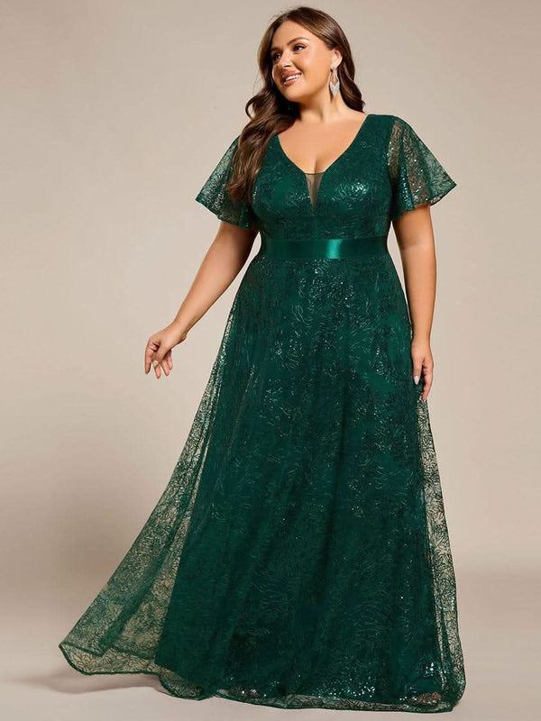 ever CORY|Illusion V-neck Short Sleeve Sequin Formal Maxi Dress