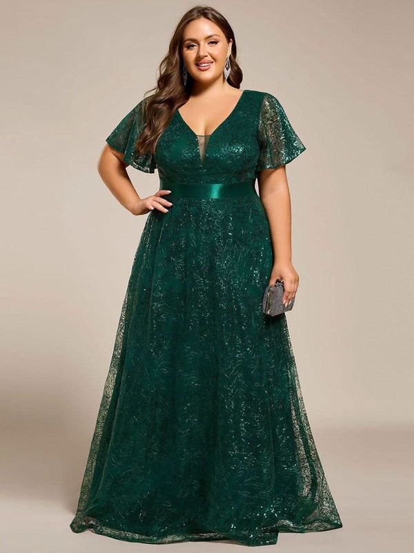 ever CORY|Illusion V-neck Short Sleeve Sequin Formal Maxi Dress
