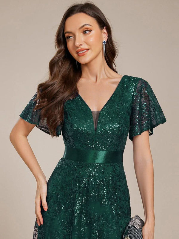 ever CORY|Illusion V-neck Short Sleeve Sequin Formal Maxi Dress