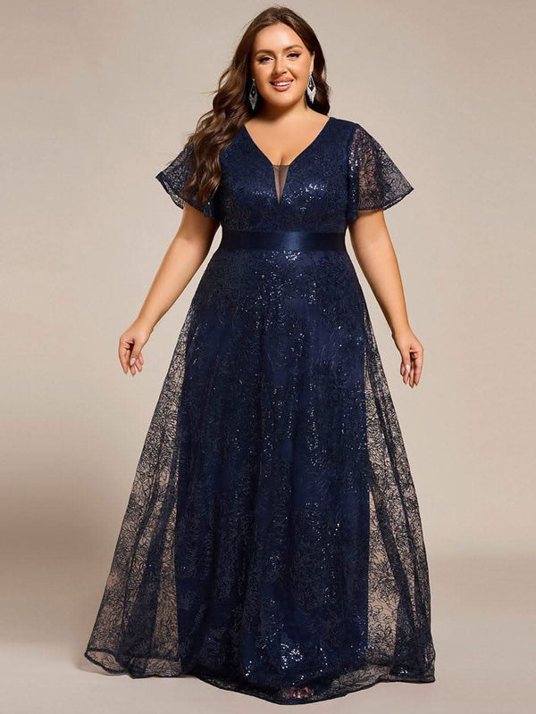ever CORY|Illusion V-neck Short Sleeve Sequin Formal Maxi Dress