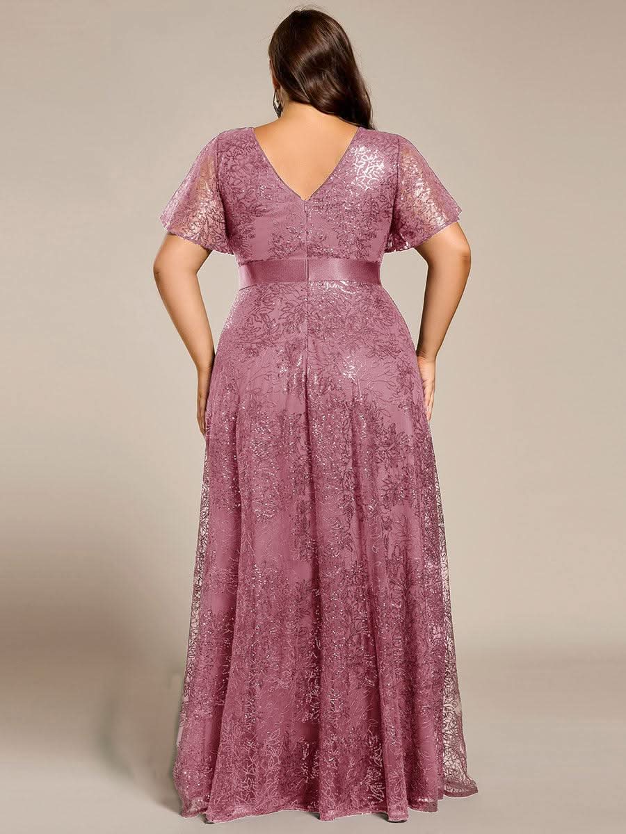 Plus Size Illusion Sequin V-neck Short Sleeve Maxi Formal Dress #color_Purple Orchid