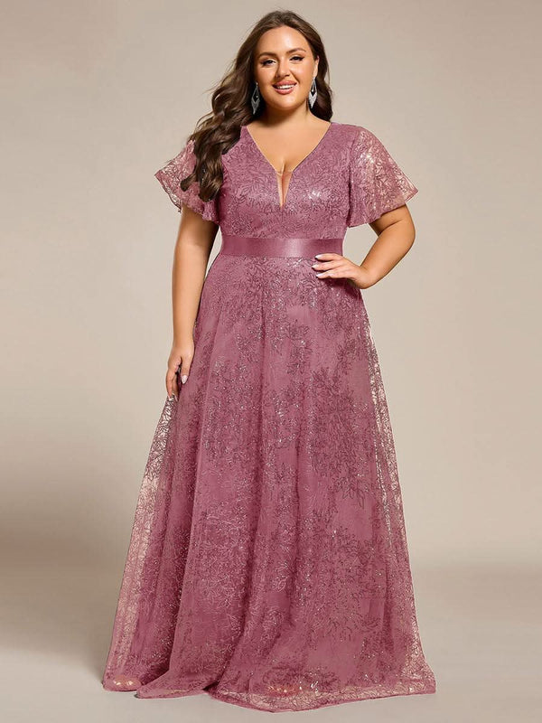 pretty CORY|Plus Size Illusion Sequin V-neck Short Sleeve Maxi Formal Dress