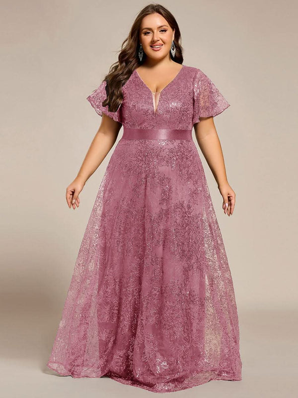 pretty CORY|Plus Size Illusion Sequin V-neck Short Sleeve Maxi Formal Dress