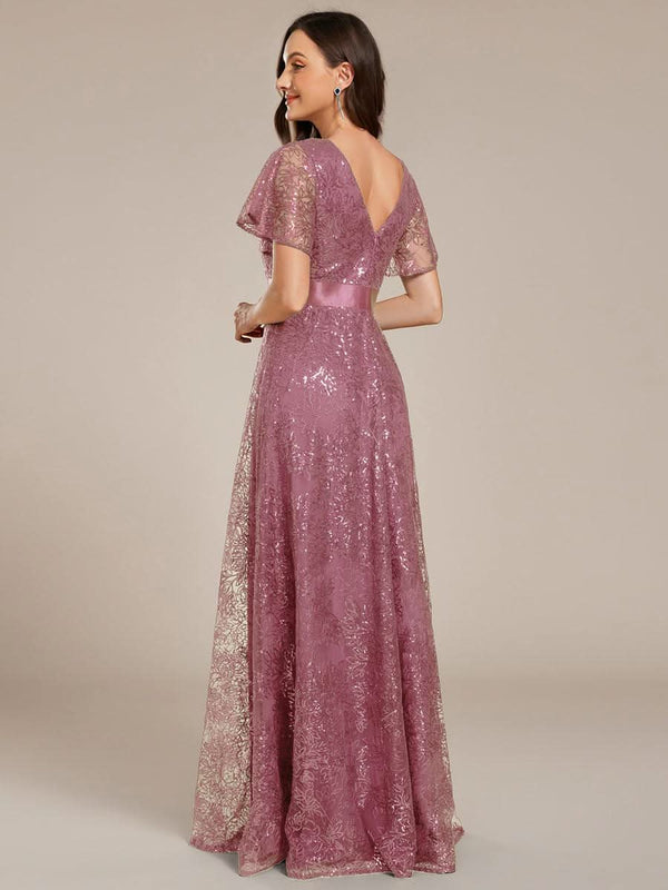 ever CORY|Illusion V-neck Short Sleeve Sequin Formal Maxi Dress