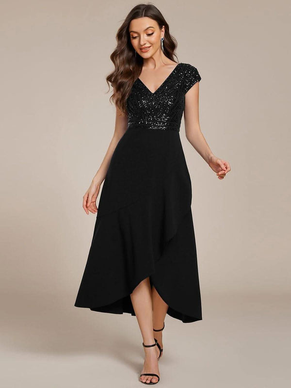 ever BAYLOR|Short Sleeve V-Neck Midi Sequin Formal Dress with Chiffon