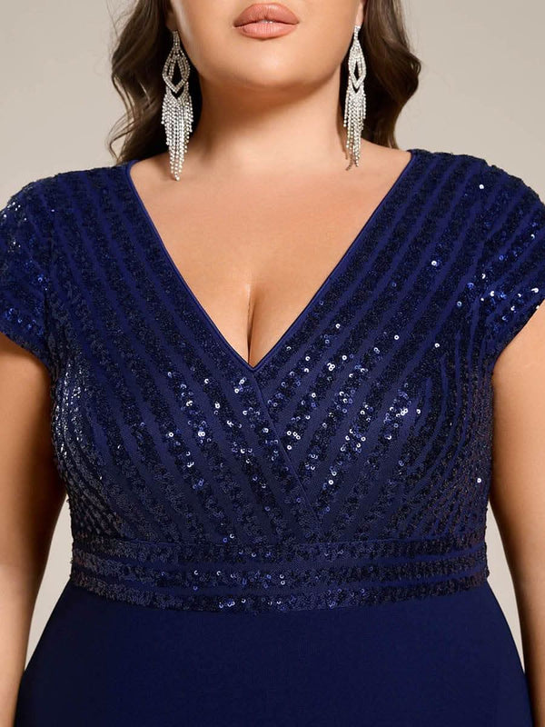 pretty BAYLOR|Plus Size Sequin Bodice V-Neck Midi Chiffon Formal Dress