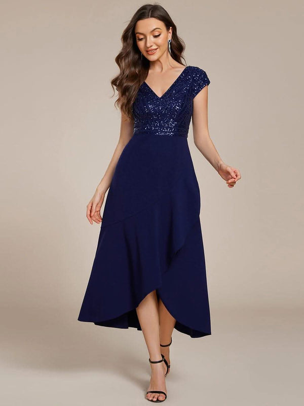 ever BAYLOR|Short Sleeve V-Neck Midi Sequin Formal Dress with Chiffon