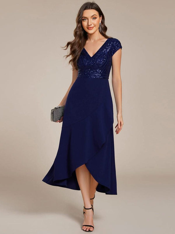 ever BAYLOR|Short Sleeve V-Neck Midi Sequin Formal Dress with Chiffon