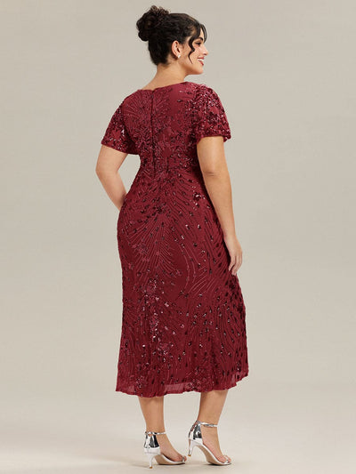 Plus Size Sequin Mermaid Formal Dress #color_Burgundy