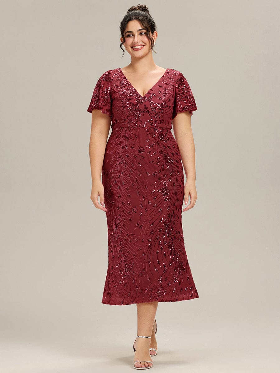 Plus Size Sequin Mermaid Formal Dress #color_Burgundy
