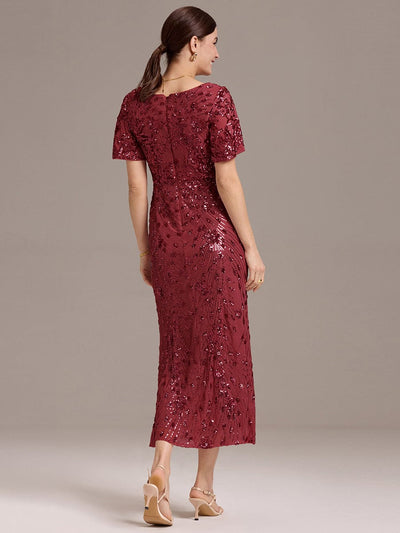 Floral Sequin  Ruffled Sleeve Mermaid Formal Dresses #color_Burgundy