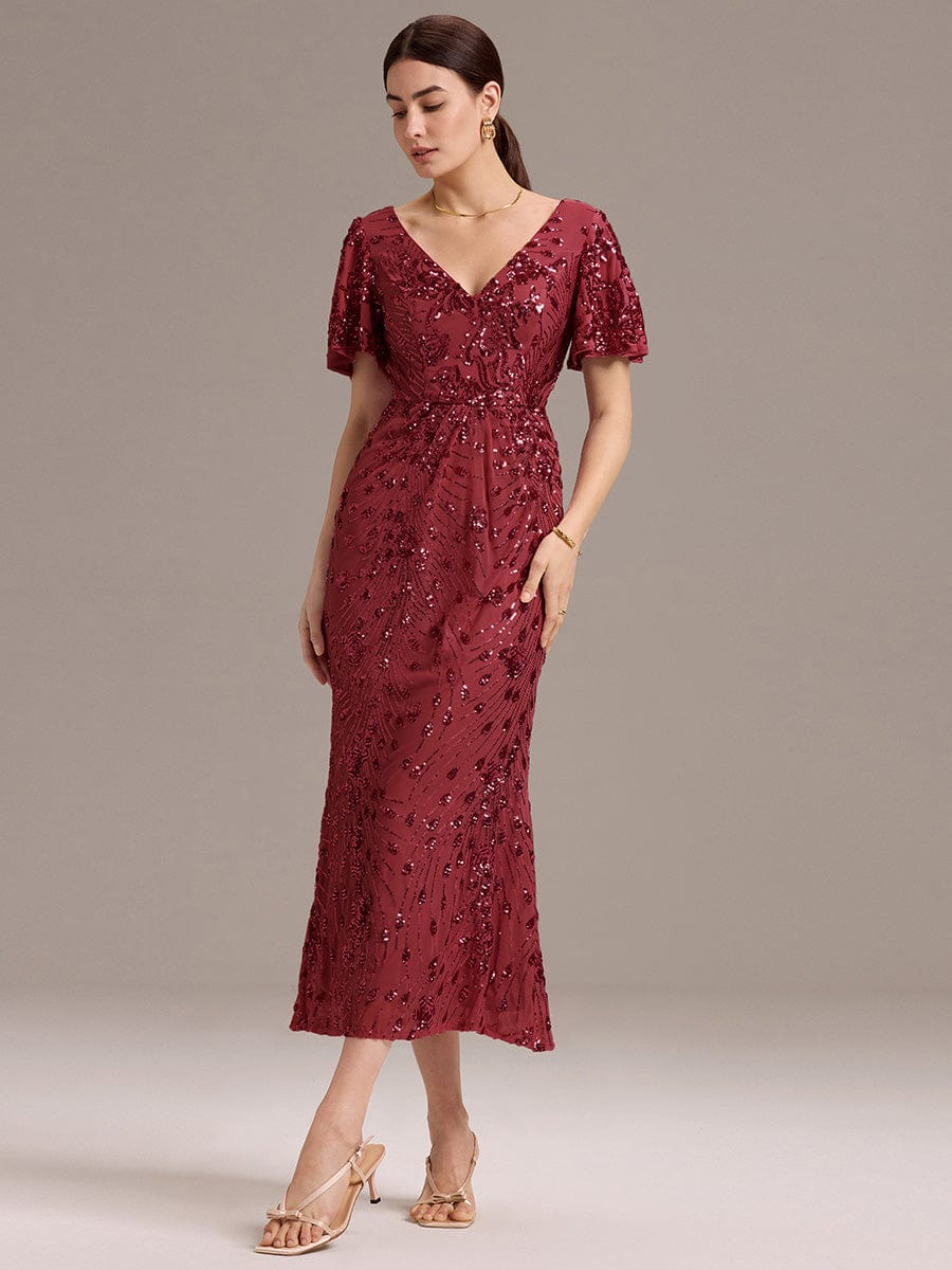 Floral Sequin  Ruffled Sleeve Mermaid Formal Dresses #color_Burgundy