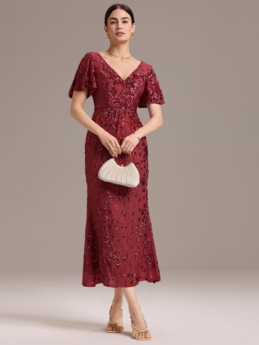 Floral Sequin  Ruffled Sleeve Mermaid Formal Dresses #color_Burgundy