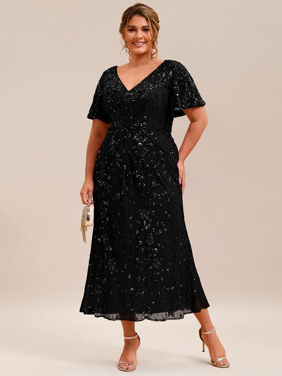 Floral Sequin  Ruffled Sleeve Mermaid Formal Dresses #color_Black