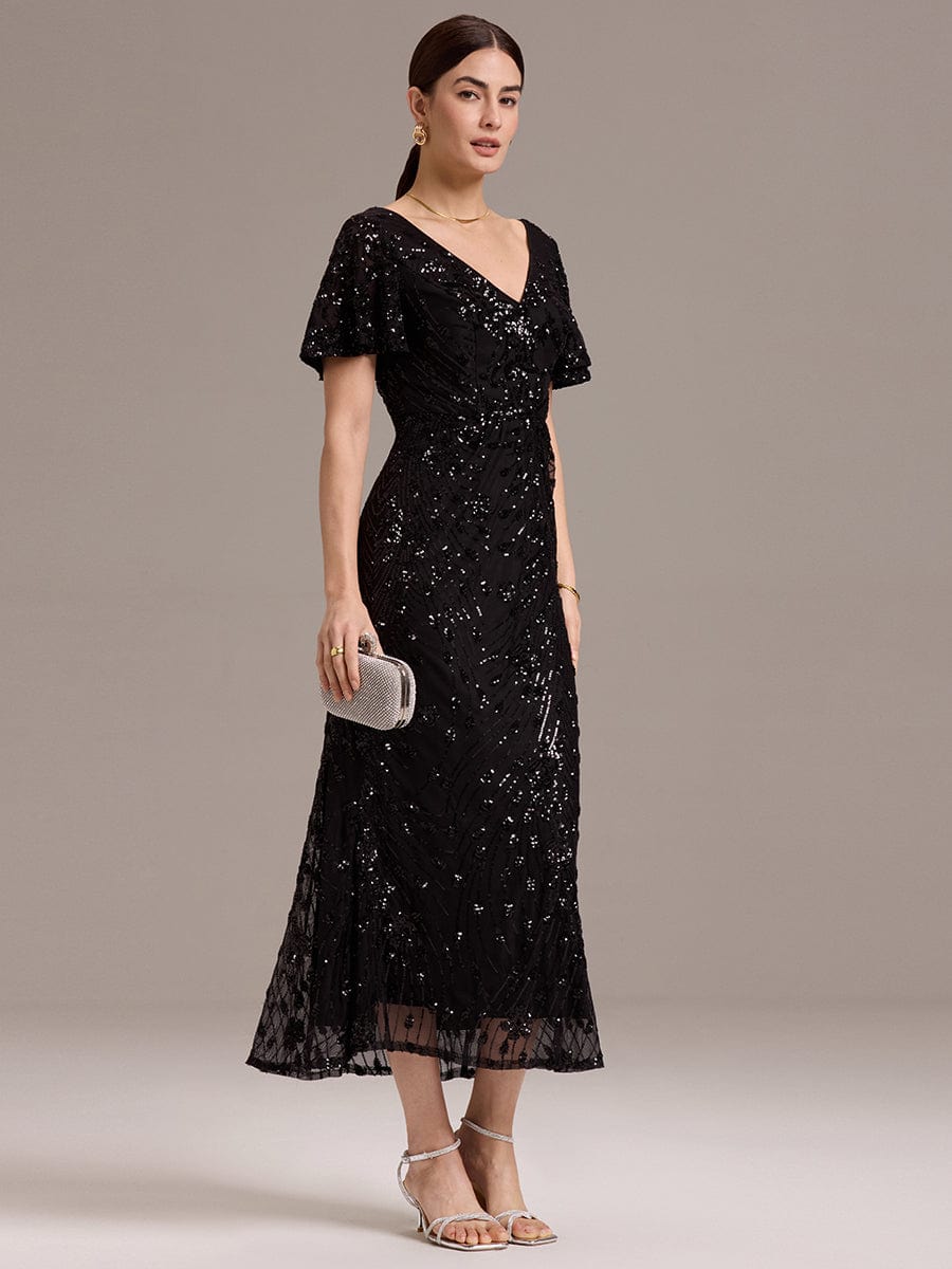 Floral Sequin  Ruffled Sleeve Mermaid Formal Dresses #color_Black