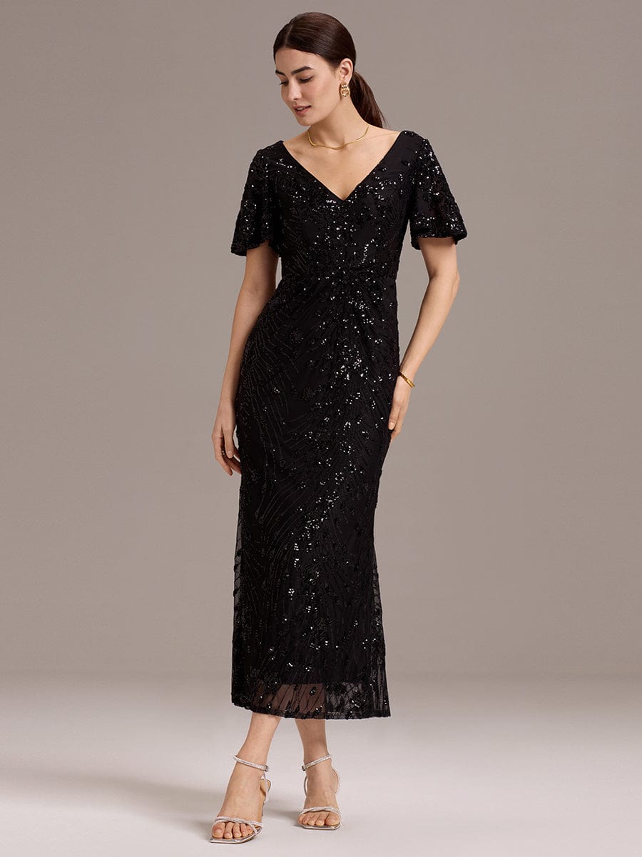 Floral Sequin  Ruffled Sleeve Mermaid Formal Dresses #color_Black