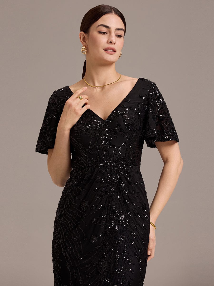 Floral Sequin  Ruffled Sleeve Mermaid Formal Dresses #color_Black