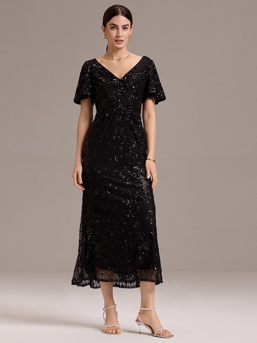 Floral Sequin  Ruffled Sleeve Mermaid Formal Dresses #color_Black