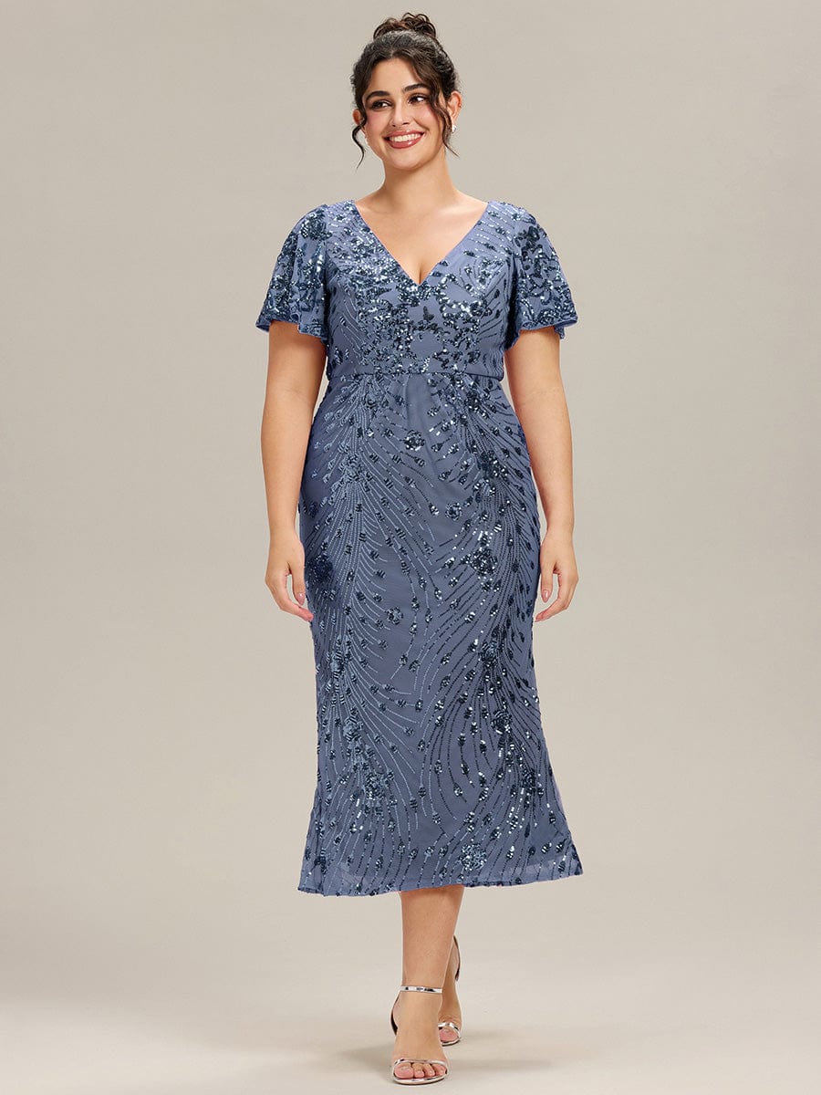Plus Size Sequin Mermaid Formal Dress #color_Dusty Blue