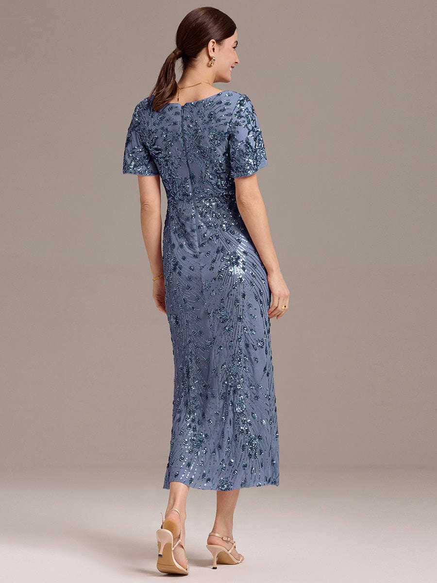 Floral Sequin  Ruffled Sleeve Mermaid Formal Dresses #color_Dusty Blue