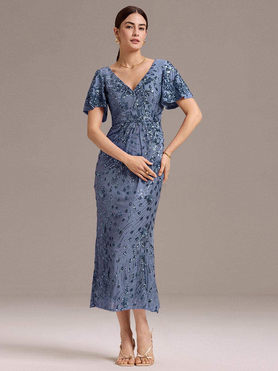 Floral Sequin  Ruffled Sleeve Mermaid Formal Dresses #color_Dusty Blue