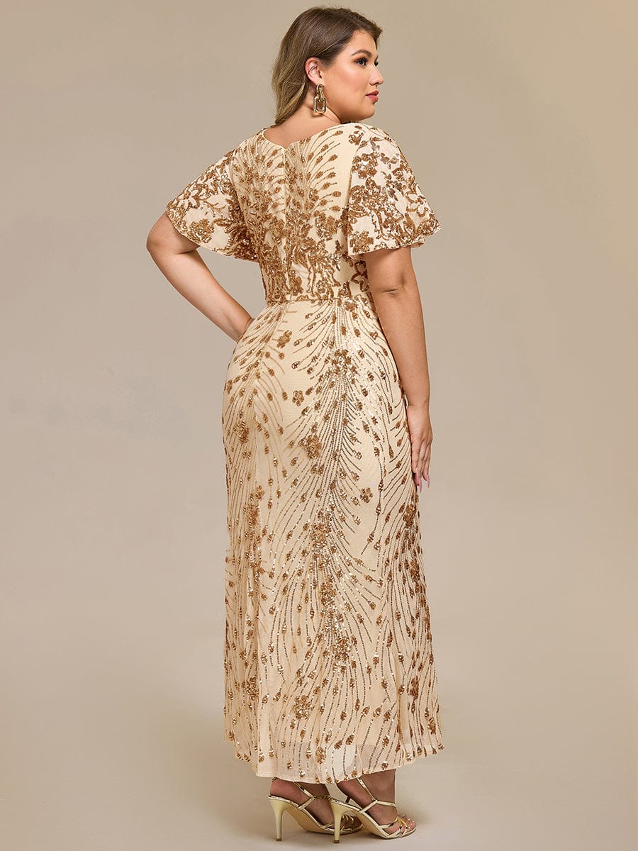 Floral Sequin  Ruffled Sleeve Mermaid Formal Dresses #color_Gold