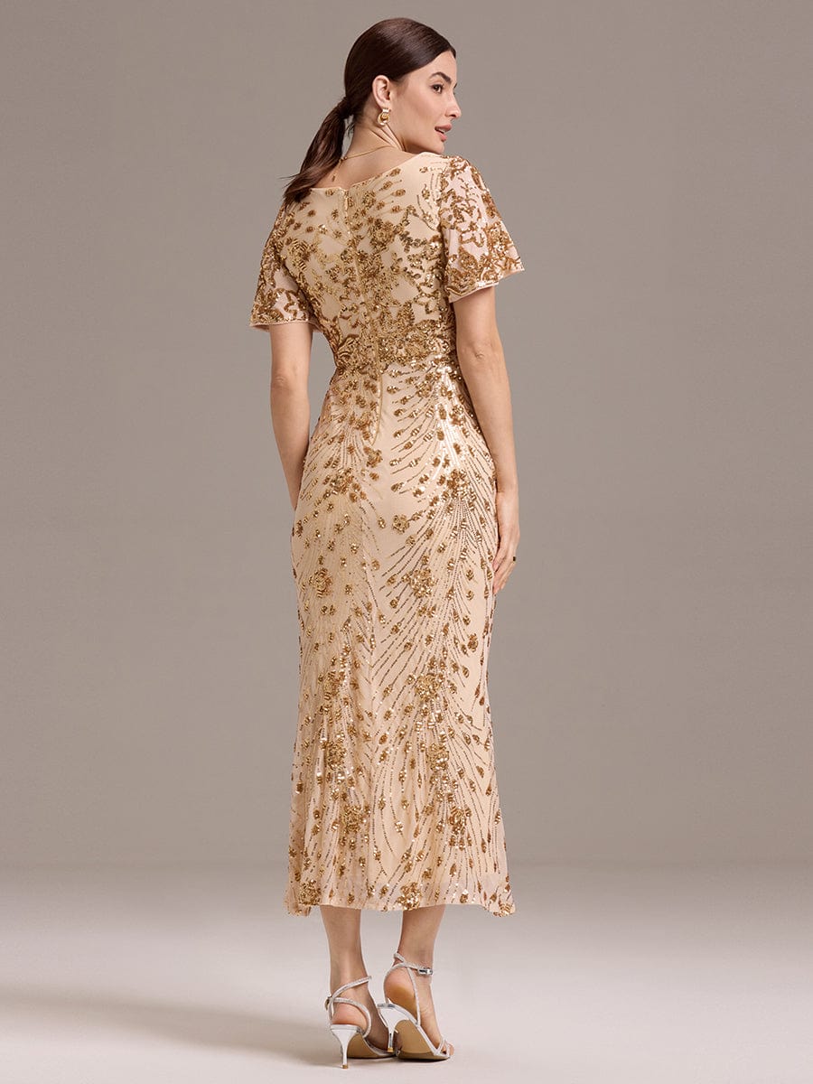 Floral Sequin  Ruffled Sleeve Mermaid Formal Dresses #color_Gold