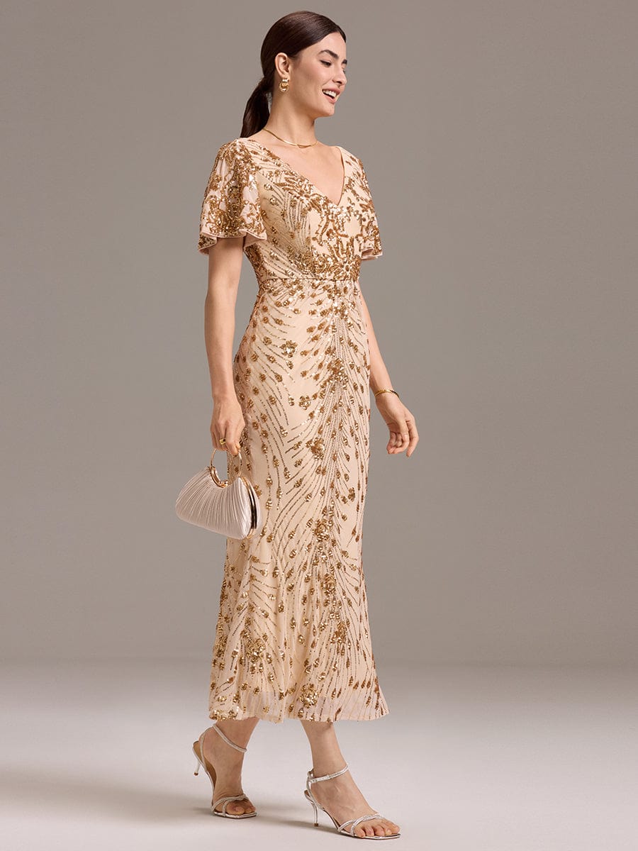 Floral Sequin  Ruffled Sleeve Mermaid Formal Dresses #color_Gold