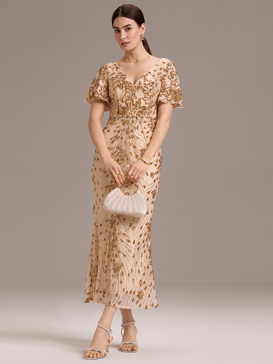 Floral Sequin  Ruffled Sleeve Mermaid Formal Dresses #color_Gold