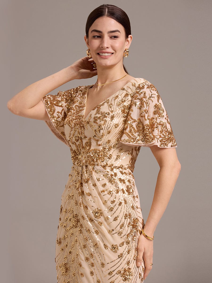 Floral Sequin  Ruffled Sleeve Mermaid Formal Dresses #color_Gold